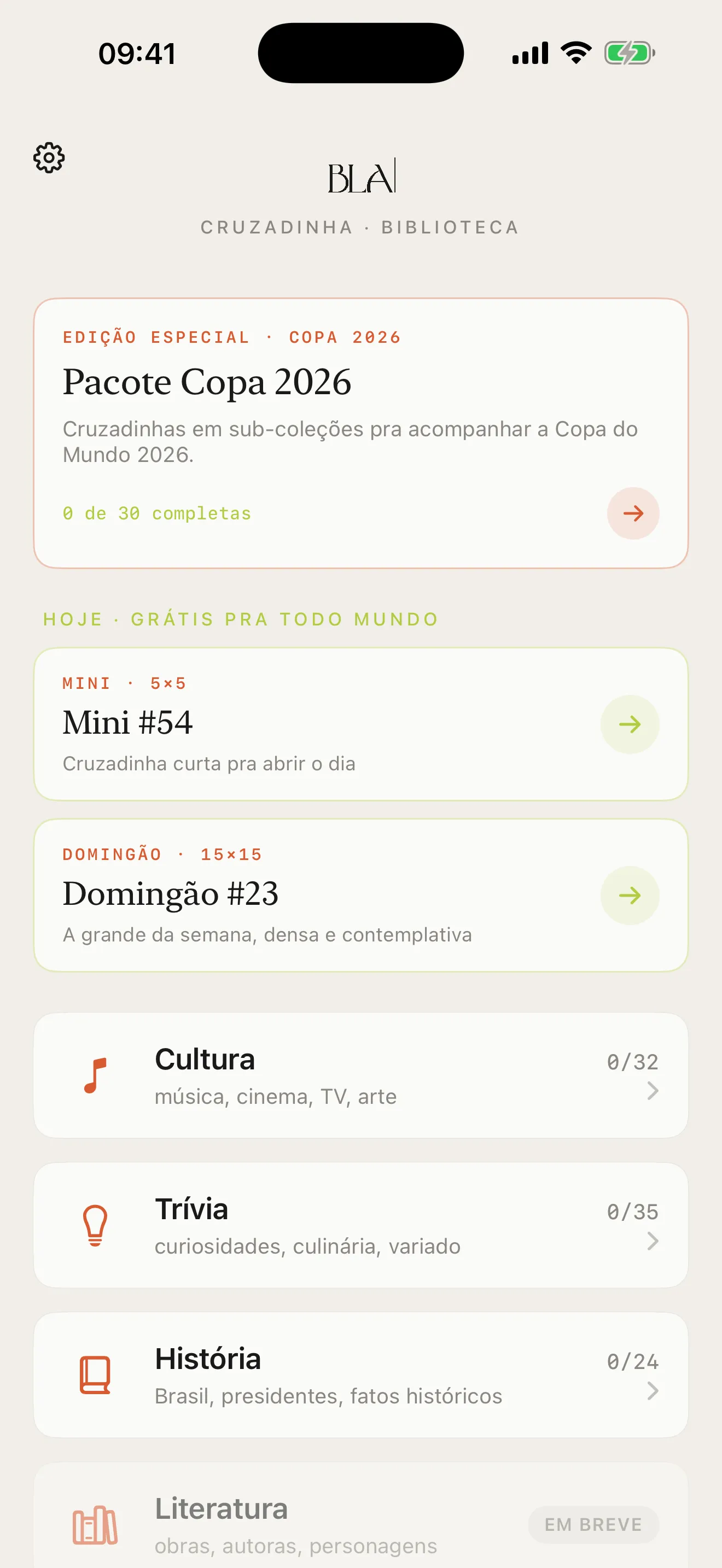 Biblioteca da Cruzadinha BLA com o card do Pacote Copa em destaque