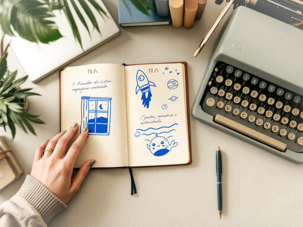 Vídeo curto (15-20s) em loop silencioso mostrando trechos de textos sendo escritos + frames de vídeos em produção. Estética limpa, quase cinematográfica. Nada de motion graphics corporativo.