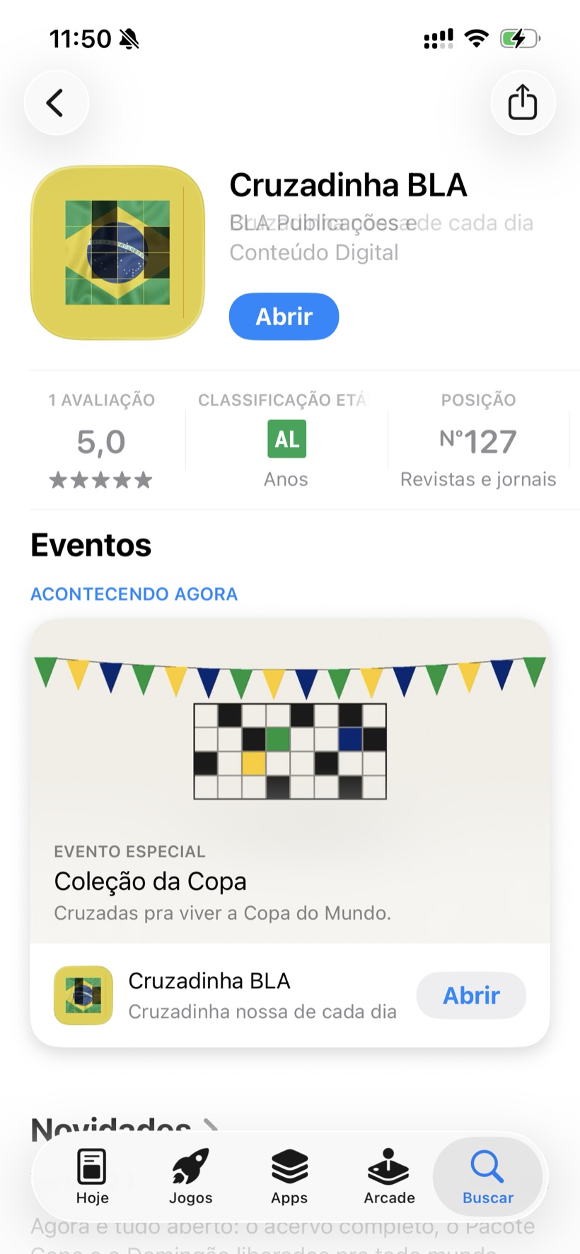 The Cruzadinha BLA page on the App Store showing position number 127 in Magazines & Newspapers.