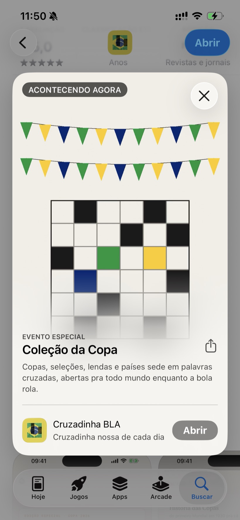 The Coleção da Copa Special Edition on display in the App Store, showing the colorful event grid and the button to open Cruzadinha BLA.