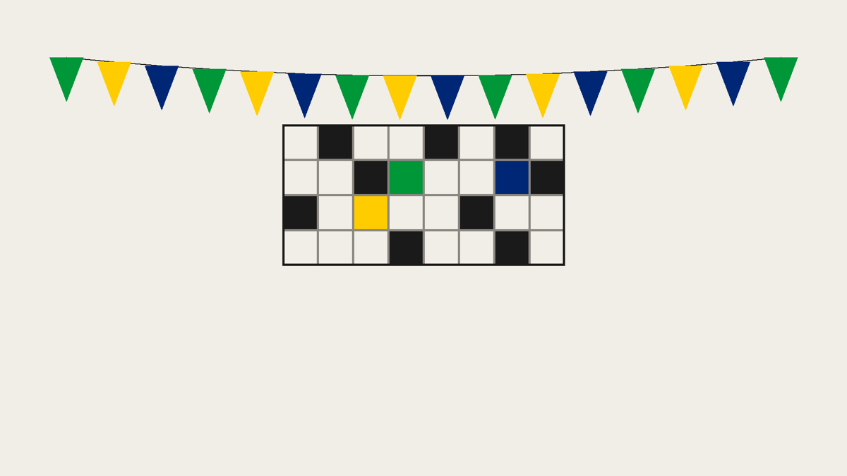 Artwork for the Coleção da Copa Special Edition: green, yellow and blue bunting over a crossword grid with colored cells, in the Cruzadinha BLA palette.