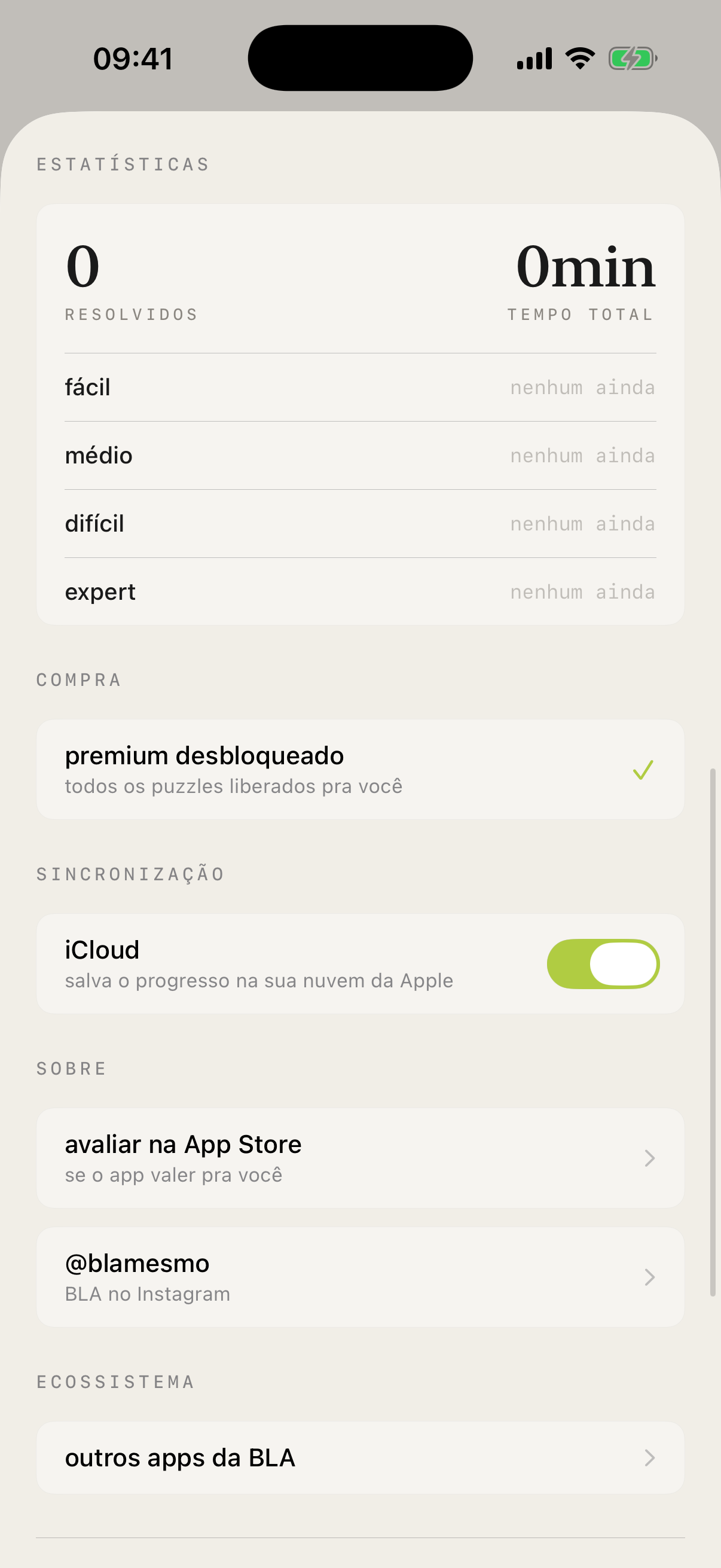 Tela de Configurações do Sudoku BLA mostrando estatísticas, sincronização iCloud e link pros outros apps da BLA.
